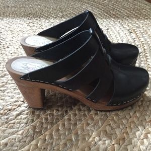 Black Leather Strappy Clog Mules
